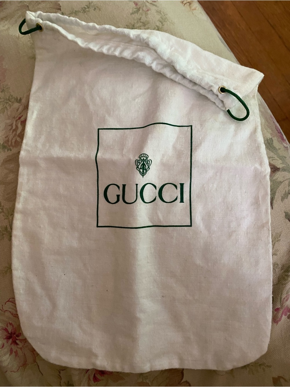 Vintage Gucci Cream Flannel Drawstring Bag with Green Logo